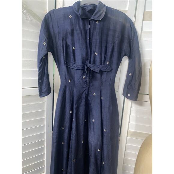Vintage 50s Navy Fit And Flare Silk Dress 3/4 Dolman Sleeves Size Small - Picture 1 of 11